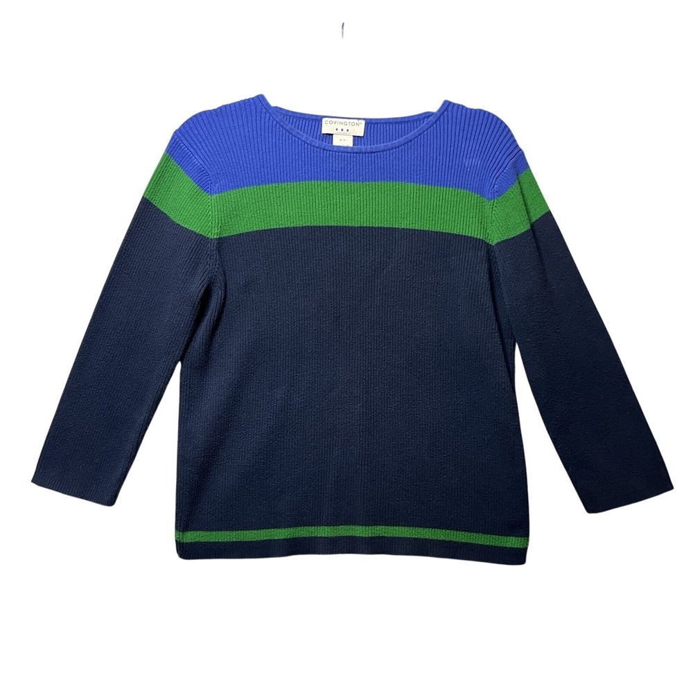 Covington Womens XL Cotton Ribbed Colorblock‎ Sweater Blue Green Long Sleeve